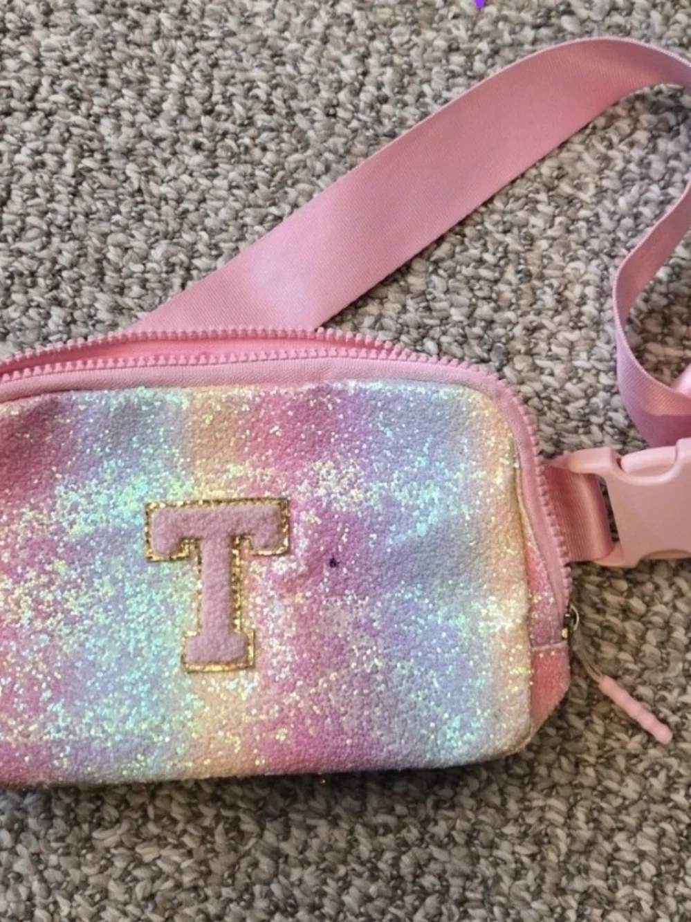 Kids Pink Glitter 'T' Crossbody Bag with Adjustable Strap